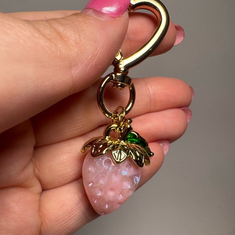 Pink Strawberry Bag Charm/Keychain | Iridescent Resin Fruit w/Gold Leaf Accent